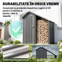 Outsunny Șopron Exterior pentru Lemne cu Dulap pentru Unelte, 0,77 m², 150x66x162 cm, Din Oțel Galvanizat, Gri Închis(m-5)