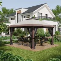 Pavilion Outsunny pliabil 4x4 m cu înălțime reglabilă, plasă de țânțari și geantă, din metal și material Oxford, bej(m-2)