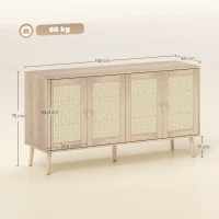 HOMCOM Buffet para sala móvel de arrumação armários com portas em palhinha e prateleira regulável 140 x 40 x 75 cm efeito madeira natural(m-3)