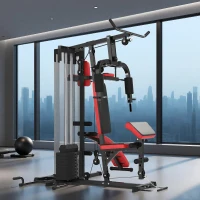 SPORTNOW Station Multi Gym avec Poids de 65 kg, Équipement de Musculation avec Banc pour Abdominaux, Noir et Rouge(m-9)