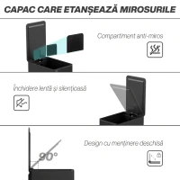HOMCOM Coș de gunoi 20L cu închidere lentă și recipient detașabil, din oțel și PP, 21,5x37,2x57 cm, negru(m-6)