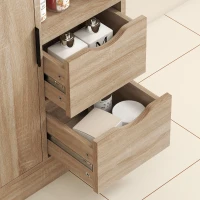 HOMCOM Meuble de salle de bain, meuble de rangement étroit avec 2 tiroirs, compartiments ouverts, 50x25x100cm, bois naturel(m-9)