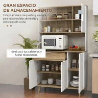 HOMCOM Alacena de Cocina Alta con 4 Puertas Estantes Ajustables Cajón Compartimentos Abiertos 98x39x180 cm Blanco y Natural(m-4)