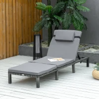 Outsunny PE Rattan Sun Lounger with Soft Padded Cushion - Patio Sun Lounger with 5-Level Reclining and Headrest, Grey(m-22)