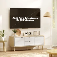 HOMCOM Mueble de TV Moderno de 2 Puertas 2 Cajones Orificios y Estantes Extraíbles 120x35x50 cm Blanco Brillo y Roble(m-6)