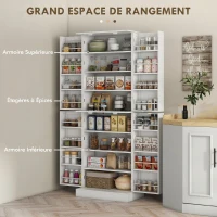 HOMCOM Armoire de cuisine buffet cuisine avec placards, étagère réglable et porte-épices, 60 x 35 x 166 cm, blanc(m-4)