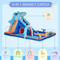 Outsunny 6 in 1 Shark-Themed Bouncy Castle, Inflatable Water Park, with Slide, Pool, Trampoline, Blower, for Ages 3-8 Years(m-4)