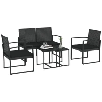 Outsunny Set de Grădină cu 2 Scaune, Canapea și 2 Mese cu Perne și Blat din Sticlă, Negru(m-11)