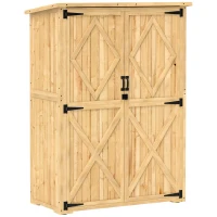 Outsunny Abrigo de armazenamento para jardim, casinha de madeira para ferramentas e equipamentos de jardim, telhado de betume, portas duplas, madeira de abeto, castanho claro(m-1)