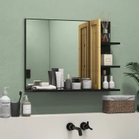 HOMCOM Bamboo Panel Bathroom Mirror, with Shelves(m-10)