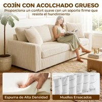 HOMCOM Sofá de 3 Plazas Tapizado en Pana con 2 Almohadas Reposabrazos y Cojín de Muelles para Salón 212x80x88 cm Crema(m-5)