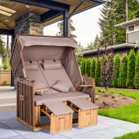 Outsunny Corbeille de plage 2 places - Cabine chaise de plage inclinable - abri plage strandkorb - coussins, repose-pieds, tablettes, pare-soleil - bois résine tressée polyester taupe(m-10)