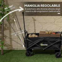 Outsunny Carrello da Giardino 62L Pieghevole con Maniglia Regolabile, in Metallo e Tessuto Oxford, 76x48x86 cm, Nero(m-8)
