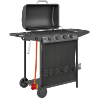 Outsunny 4+1 Burner Gas BBQ Grill, Portable Gas Barbecue Grill with Built-in Thermometer, Lid, Side Table, Shelf, Spice Rack, Wheels, Grease Cup for Garden Party Outdoor Cooking, Black(m-1)
