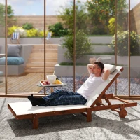 Outsunny Bain de soleil en bois avec roulettes dossier inclinable en 4 positions appui-tête, 84x200x101cm, blanc(m-10)