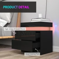 HOMCOM Black Bedside Table with LED Light, High Gloss Front Nightstand with 2 Drawers, for Living Room, Bedroom, Set of 2(m-7)
