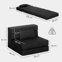 HOMCOM Poltrona Conversível 1 Lugar Poltrona Cama Dobrável Almofada Incluída para Convidados Sala Espaço Pequeno Carga 120 kg Preto(m-3)