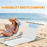Outsunny Set of 2 Foldable Garden Beach Chair Mat, Lightweight Outdoor Sun Lounger Seats with Adjustable Back, Metal Frame, PE Fabric Head Pillow and Carry Bag, Cream White(m-6)