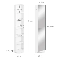 kleankin Armario Alto de Baño Giratorio Columna Auxiliar de Baño de 6 Niveles con Espejo de Cuerpo Entero 36x36x171 cm Blanco(m-3)
