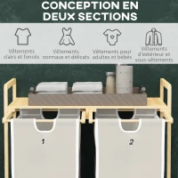 HOMCOM Panier à linge en bambou 2 paniers amovibles et coulissants en non-tissé 63,5 x 33 x 73 cm crème(m-6)