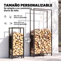 Outsunny Leñero Exterior de Acero Robusto para Leña con Ancho Alto Ajustables Carga 100 kg 45,5-75,5x25x98-170 cm Negro(m-4)