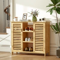 HOMCOM Armario de Almacenaje con 2 Puertas de Bambú de Lamas Estantes y Compartimentos Abiertos 100x33x86 cm Natural(m-10)