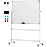 HOMCOM Lavagna Magnetica Bianca a 2 Facce con Accessori e 4 Ruote, in Alluminio e Acciaio, 127x50x165 cm(m-11)