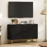 HOMCOM Buffet design contemporain graphique 2 placards porte étagères réglables 3 tiroirs coulissants en bois noir métal doré(m-9)