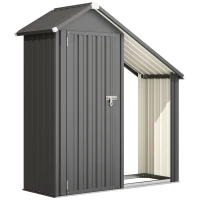 Outsunny Șopron Exterior pentru Lemne cu Dulap pentru Unelte, 0,77 m², 150x66x162 cm, Din Oțel Galvanizat, Gri Închis(m-1)