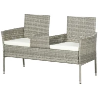 Outsunny Divanetto per Esterni 2 Posti con Tavolino da Caffè, in Acciaio e Rattan PE, 137x59x82 cm, Grigio e Crema(m-10)