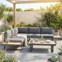Outsunny Ensemble salon de jardin d'angle design 5 places coussins table basse alu. gris anthracite et imitation bois(m-11)