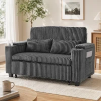 HOMCOM 2 Seater Sofa Bed, Pull Out Sleeper Sofa w/ Adjustable Backrest, Storage Armrests, Cup Holders, Side Pockets, Dark Grey(m-14)