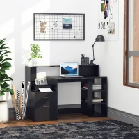 HOMCOM Secretária para computador com 2 gavetas, secretária com arrumação, 137 x 55 x 92 cm, prateleiras abertas e bandeja para impressora, estilo moderno, mesa para computador para quarto, estúdio, preto(m-6)