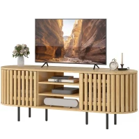 HOMCOM Meuble TV, meuble télé pour téléviseur 60 pouces, 2 portes à lattes, 140x40x52cm, bois naturel(m-12)