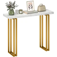 HOMCOM Table console, table d'entrée, avec plateau imitation marbre, structure en acier, 100 x 30 x 78,5 cm, blanc et or(m-11)