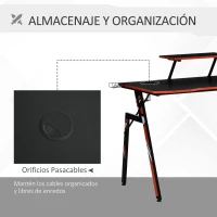 HOMCOM Mesa Gaming Escritorio para Computadora PC con Soporte para Monitor y Altavoz Portavasos Gancho para Auriculares Fibra de Carbono 120x60x94,5 cm Negro(m-4)