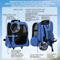 PawHut Rucsac transportabil 2 în 1 pentru câini și pisici cu buzunare și mâner telescopic, 42x25x55cm, albastru(m-6)