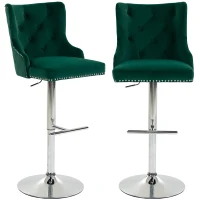 HOMCOM Bar Stools Set of 2, Modern Swivel & Adjustable Velvet Barstools with Button-Tufted Back, Footrest for Home Bar, Green(m-15)
