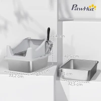 PawHut Bac à litière en acier inoxydable, maison de toilette pour chat, bords hauts, nettoyage facile, 43,1x33,2x25,4cm, gris(m-3)