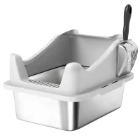 PawHut Bac à litière en acier inoxydable, maison de toilette pour chat, bords hauts, nettoyage facile, 43,1x33,2x25,4cm, gris(m-1)