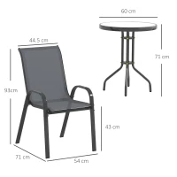 Outsunny Set Mobilier de Grădină din 3 Piese cu Scaune Suprapozabile și Masă din Sticlă, 54x71x93 cm, Gri Închis(m-3)