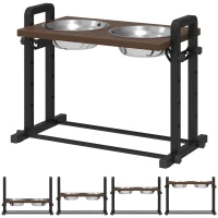 PawHut Comedouro Elevado para Cães 4 Alturas Ajustáveis com Suporte 2x1,2 L Tigelas de Aço Inoxidável 3 Ângulos Ajustáveis Castanho(m-1)