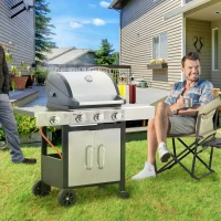 Outsunny Gas Barbecue Grill 3+1 Burner Garden Smoker BBQ Trolley w/ Side Burner Warming Rack Side Shelves Storage Cabinet Piezo Ignition Thermometer Stainless Steel + Metal(m-10)