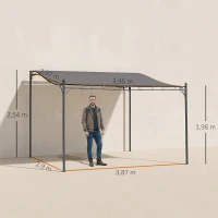 Outsunny  Cenador de Jardín 4x3 m Pérgola Montado en Pared con Toldo y 16 Orificios de Drenaje Marco de Metal y Poliéster 180 g/m² para Patio Terraza Gris(m-3)