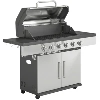 Outsunny 6 Burner Liquid Propane Gas BBQ Grill, Outdoor Portable Gas Barbecue Grill with Warming Rack, Side Tables, Cabinet(m-1)