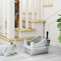 PawHut Bac à litière en acier inoxydable, maison de toilette pour chat, bords hauts, nettoyage facile, 43,1x33,2x25,4cm, gris(m-9)