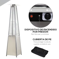 Outsunny Estufa de Gas para Exterior Pirámide 10500 W Calefactor para Patio de Propano Acero Inoxidable con Funda Protectora Regulador Manguera Sistema Anti-Vuelco y Ruedas 10 m² Plata(m-6)