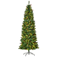 HOMCOM 7FT Prelit Artificial Pencil Christmas Tree with Warm White LED Light, Red Berry, Holiday Home Xmas Decoration, Green(m-10)