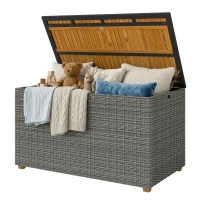 Outsunny Gartenbox 450 L Polyrattan wasserdicht Auflagenbox mit FSC-Holz-Deckel Gasdruckfedern Innenfutter(m-11)