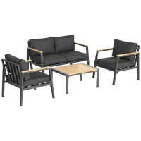 Outsunny 4 Piece Garden Sofa Set with Padded Cushions, 4-Seater Aluminium Outdoor Conversation Furniture Set with Coffee Table, Grey(m-11)